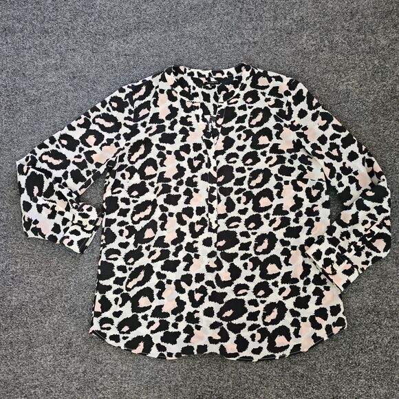 Talbots Top Shirt Womens Large White Pink Leopard V Neck Long Sleeve Career - Picture 1 of 9